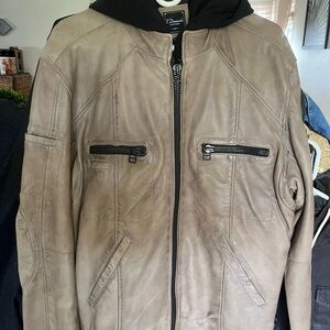 7 Diamonds Taupe Leather Bomber Jacket with Black Hood